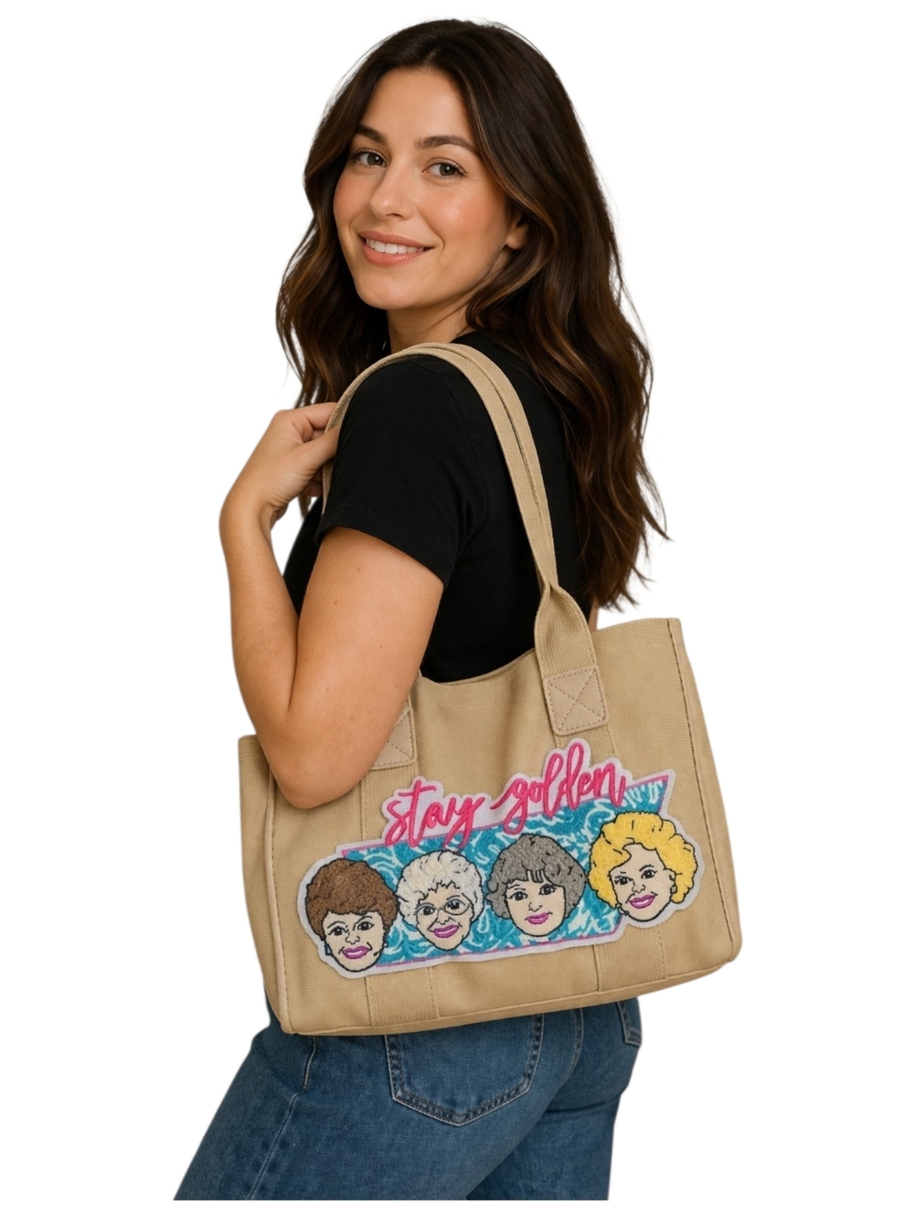 Stay Golden Girls Beige  Canvas Tote Bag Crossbody Faux Leather Trim